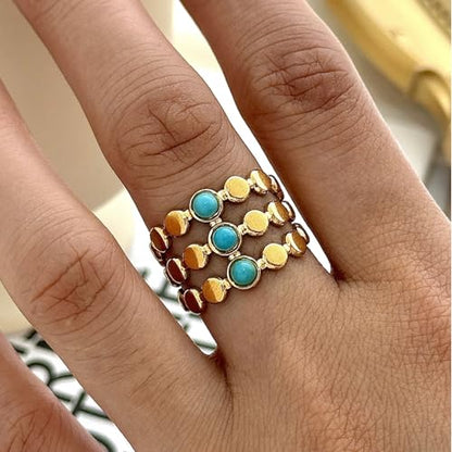 Todenb Turquoise Ring for Women，Gold Western Turquoise Open Ring Boho Stainless Steel Moon and Star Band Wrap Knuckle Rings Western Country Fashion Jewelry Accessories - color: three circle