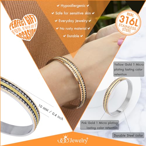 555Jewelry 12mm Wide Stainless Steel Solid Slip On Bangle Bracelet for Women With Small Wrist - color: Silver\Gold\Rose (Large)