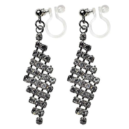 Dangle Silver Invisible Clip On Earrings for Women Not Pierced Gold Crystal Rhinestone Comfortable Hoop Fringe Long Chain Clip On Earrings - color: Diamond Silver
