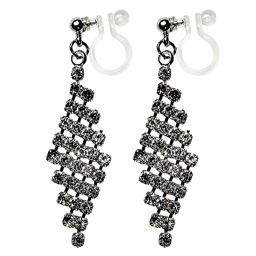 Dangle Silver Invisible Clip On Earrings for Women Not Pierced Gold Crystal Rhinestone Comfortable Hoop Fringe Long Chain Clip On Earrings - color: Diamond Silver