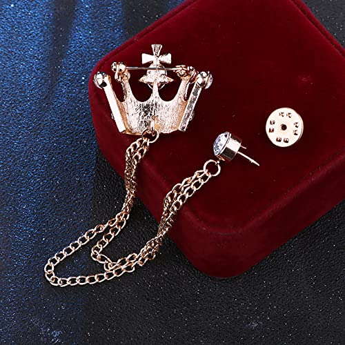 YOOE British Style Rhinestone Crown Chain Brooch. Retro Crystal Corsage Pin, Tassel Chain Suit Jacket Brooch Pin for Men Husband Gifts