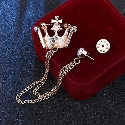 YOOE British Style Rhinestone Crown Chain Brooch. Retro Crystal Corsage Pin, Tassel Chain Suit Jacket Brooch Pin for Men Husband Gifts