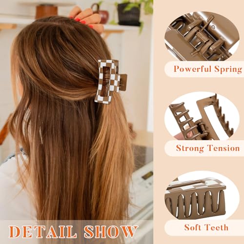 Auseibeely 6 Pcs Checkered Hair Clips for Women, 3.35 Inch Medium Square Claw Clips for Thin Hair, Cute Y2K Checkerboard Hair Accessories, Non-Slip Neutral Tone Banana Jaw Clip, Black White Brown - color: Checkered-3.35 Inch