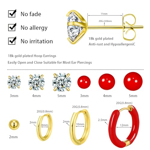 12 Pairs Stud & Hoop Earrings Set for Women 2-5mm Colorful Ball & Cubic Zirconia Stud earrings 8/10/12mm Hoop Earrings Hypoallergenic Stainless Steel Jewelry Gift Collection - color: Red