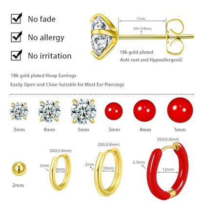 12 Pairs Stud & Hoop Earrings Set for Women 2-5mm Colorful Ball & Cubic Zirconia Stud earrings 8/10/12mm Hoop Earrings Hypoallergenic Stainless Steel Jewelry Gift Collection - color: Red
