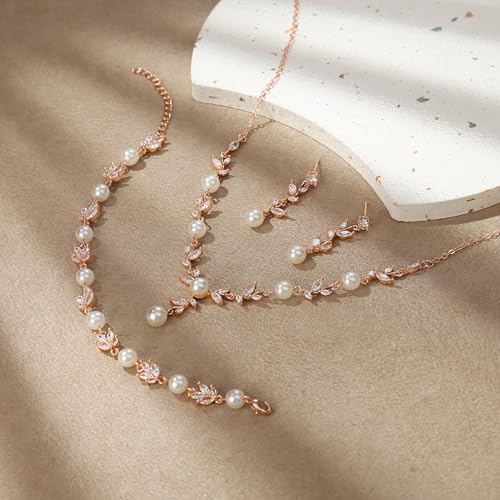 EleQueen Women's Simulated Pearl Wedding Jewelry Set for Brides | Cubic Zirconia Necklace Earrings Bracelet Set for Brides Bridesmaids, Bridal Jewelry Set for Anniversary/Memorial Day - style: Elegant Necklace Set Rose Gold-Plated-Base