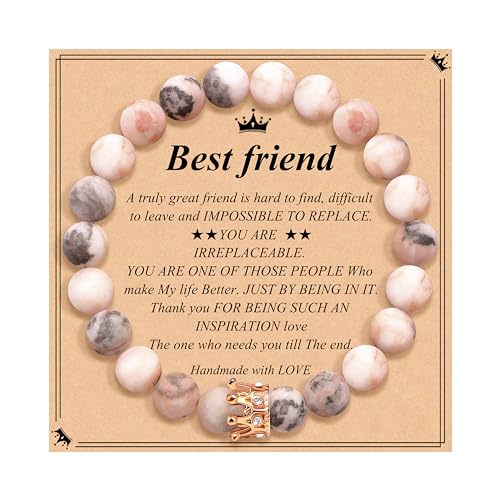 JoycuFF Woman Birthday Gifts Idea Friendship Gifts For Women Best Friends Besties Aunt Female Mom Daughter Granddaughter Gf Anniversary Christmas Graduation Healing Stone Crown Gifts For Her - style: 3.Best Friend Bracelet-Pink Zebra Jasper