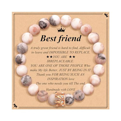 JoycuFF Woman Birthday Gifts Idea Friendship Gifts For Women Best Friends Besties Aunt Female Mom Daughter Granddaughter Gf Anniversary Christmas Graduation Healing Stone Crown Gifts For Her - style: 3.Best Friend Bracelet-Pink Zebra Jasper