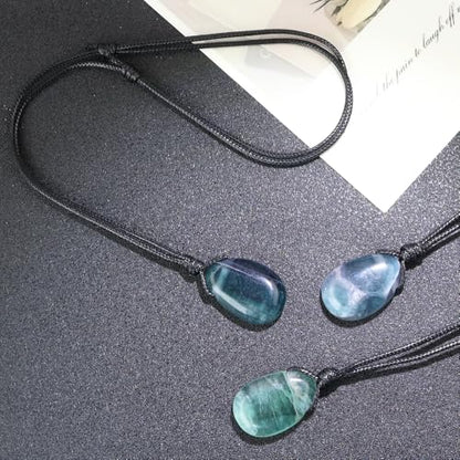 Natural Gemstone Pendant Necklace Healing Crystal Stone Choker Necklace Adjustable Waxed Black Rope for Men - color: Fluorite