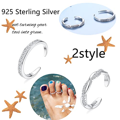 FIASASO 2 Pcs Sterling Silver Toe Rings for Women Adjustable Band Toe Rings Summer Beach Open Toe Ring Foot Jewelry Set