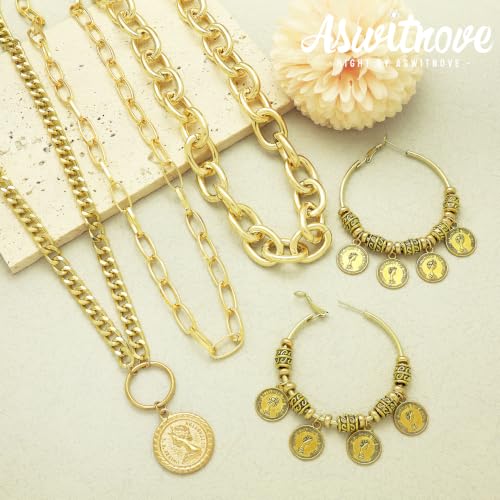 2 Pcs Layered Golden Pirate Necklace Earrings for Women Chunky Chain Layered Necklace Boho Gypsy Hoop Earrings Punk Grunge 80s 90s Coin Pendant Jewelry Halloween Pirate Costume Accessories - color: 3-layer Gold Paperclip Chains