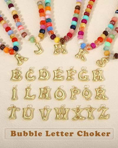 Colorful Chunky Beaded Necklaces for Women Bubble Letter Initial Choker | Boho Statement Bead Necklace, Personalized Rainbow Gemstone Necklaces, Baublebar Gold Necklace Stack, Summer Beach Jewelry - color: Initial M