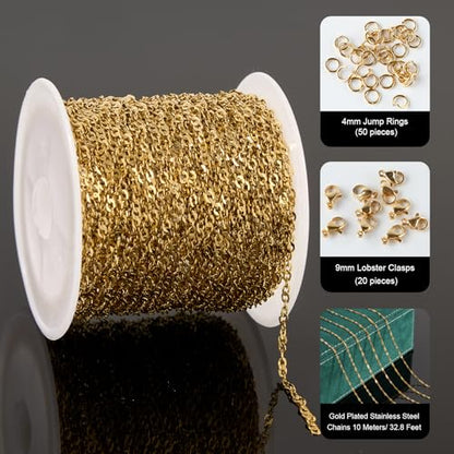 UMAOKANG 10 Meters Gold Plated Jewelry Making Chain Stainless Steel Singapore Chains Bulk on Spool Thin Chain Link - color: Singapore Gold