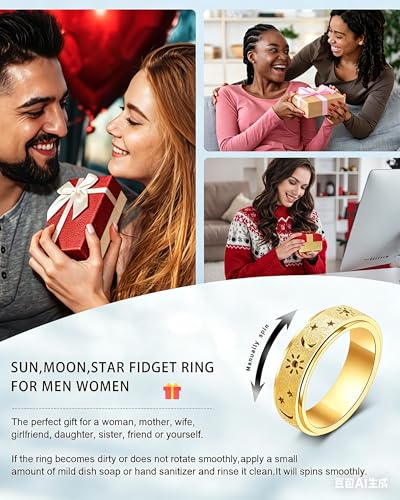 Fidget Toys Adults Anxiety Ring Women Men Stress Relief Band Spinner Sun | Celestial Sun Moon Star Stainless Steel Band Hollowed Sandblasted Surface 6mm Width18K Gold Silver Size 6-10 Unisex - color: Gold, size: Size 7