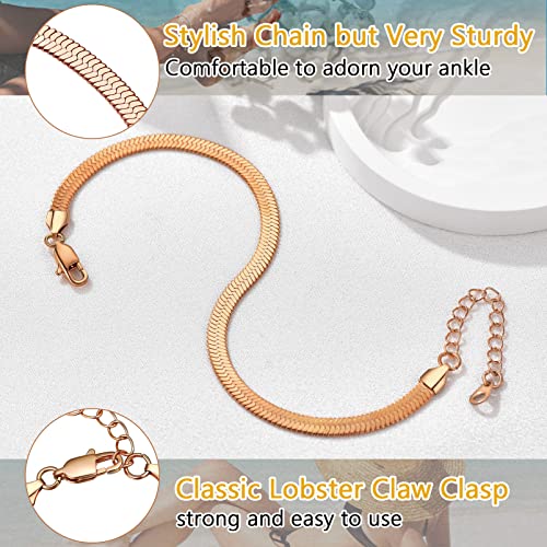 PROSTEEL 316L Stainless Steel Herringbone Flat Chain Bracelets/Anklets, Beautiful Summer Jewelry, Black/Yellow Gold/Rose Gold Plated, 6.3inch/8.5inch Adjustable, Come Box - color: Rose Gold