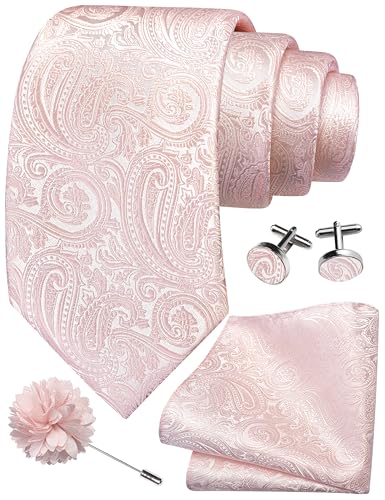 GUSLESON 3.15"（8cm） Mens Tie and Lapel Pin Paisley Necktie Hankerchief Cufflinks Set for Men - color: Blush Pink