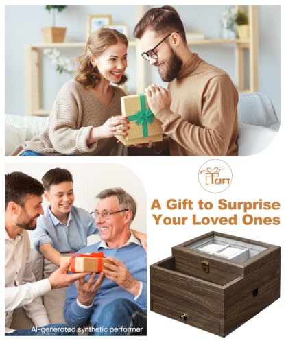Homde Wooden Watch Box for Men: 3-Layer Organizer with 4 Watch Pillow | 4 Watch Pillows and 2 Drawers for Jewelry and Accessories-Nightstand Display-Clear Lid and Charging Hole for Easy Access