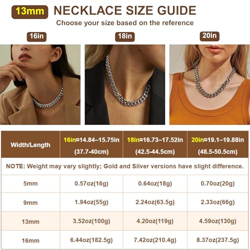 NOKMIT Chunky Cuban Link Curb Chain Necklace for Women Men Dainty 18K Gold Silver Tone Choker Thick Trendy Statement Diamond Cut Punk Hip Hop Cuban Chain Jewelry Gifts Unisex Size 5mm/9mm/13mm/16mm - color: 13mm-Silver, size: 16inches