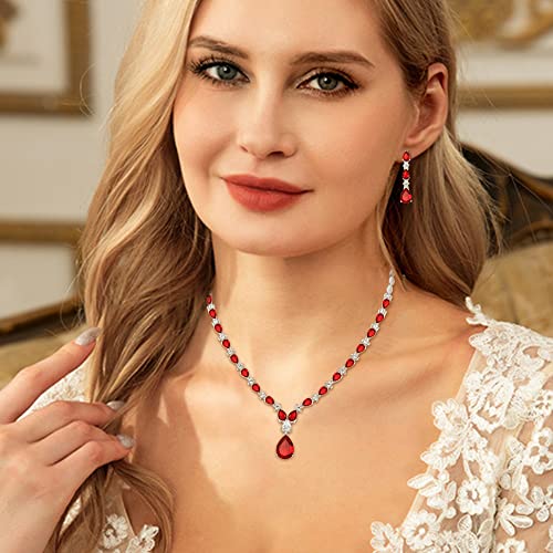 EVER FAITH Pear Shaped Cubic Zirconia Bridal Wedding Jewelry Set for Women | Gorgeous Water Drop Bride Necklace Dangle Earrings, for Bride Bridesmaid - color: Red