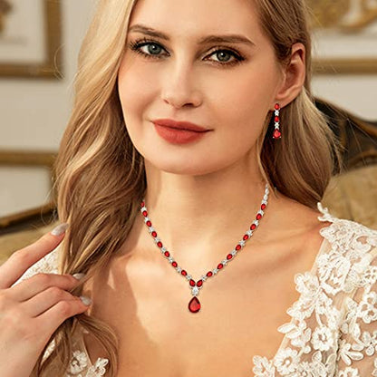 EVER FAITH Pear Shaped Cubic Zirconia Bridal Wedding Jewelry Set for Women | Gorgeous Water Drop Bride Necklace Dangle Earrings, for Bride Bridesmaid - color: Red