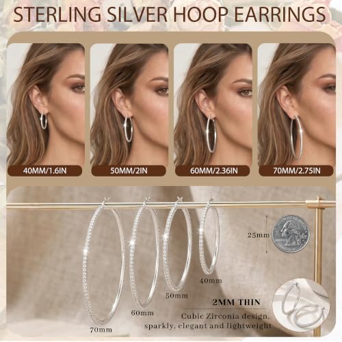 2MM S925 Sterling Silver Post Cubic Zirconia Hoop Earrings Hypoallergenic | 14K Gold Plated - color: Silver-50MM