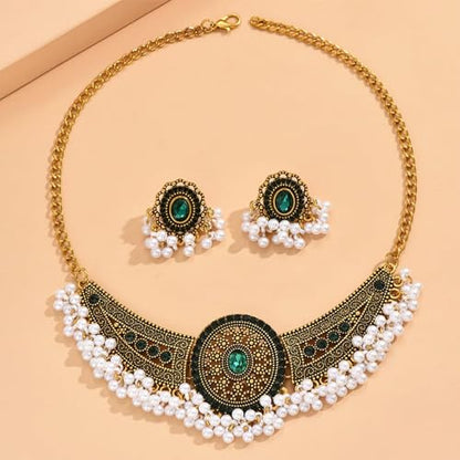 Frodete Indian Jewelry Sets for Women Traditional Bohemian Wedding Jewelry Set Indian Dresses for Women Oxidized Ethnic Party Prom Wear - color: C1:green indian jewelry sets