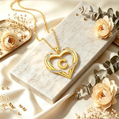 Midari 18K Gold Initial Letter Necklace for Women 18K Gold Initial Heart Capital Monogram Necklace for Mom Wife Alphabets from A-Z - color: C