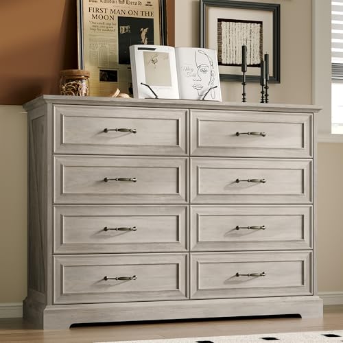 Farmhouse 8 Drawers Dresser for Bedroom, 48" Wide Modern Chest of Drawers with Deep Drawers & Bar Handles, Rustic Wood Dresser TV Stand, Wooden Closet Storage Organizer for Living Room, Hallway, Grey - color: Grey, size: 15.8"D x 47.2"W x 35.4"H (8 Drawer