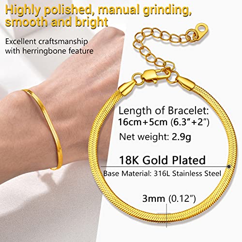 PROSTEEL 316L Stainless Steel Herringbone Flat Chain Bracelets/Anklets, Beautiful Summer Jewelry, Black/Yellow Gold/Rose Gold Plated, 6.3inch/8.5inch Adjustable, Come Box - color: Gold