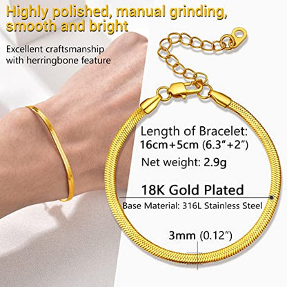 PROSTEEL 316L Stainless Steel Herringbone Flat Chain Bracelets/Anklets, Beautiful Summer Jewelry, Black/Yellow Gold/Rose Gold Plated, 6.3inch/8.5inch Adjustable, Come Box - color: Gold