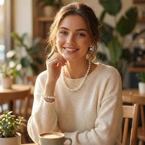 Pearl Necklace Set for Women, 8mm Women Faux Pearl Necklace Bracelet 4-Piece Pearl-necklace and Earring Set Includes Bracelet & Stud Earrings for Brides Bridesmaid Wedding Party