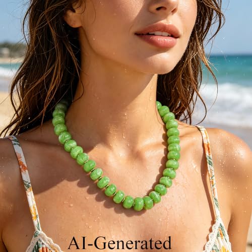 Beaded Necklaces for Women - Colorful Acrylic Beaded Chunky Necklace | Adjustable Statement Necklace, Puffy Heart Pendant, Boho Choker Necklace, Waterproof Summer Beach Jewelry, Gifts for Vacation - color: Light Green
