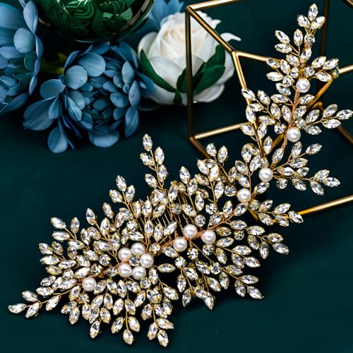 Crystal Wedding Hair Comb Bridal Hair Accessories Pearl and Rhinestone Bridal Side Combs for Women and Girls (Gold) - color: Gold