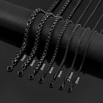 Square Rolo Chain Necklace Stainless Steel Round Box Necklace for Men Women/2mm-7mm/16Inch-36Inch - color: Stainless Steel-Black, size: 24 Inches, style: 2 mm width
