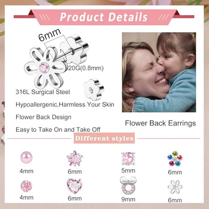 Staligue 8 & 21 Pairs Hypoallergenic Screw Back Earrings for Women – 20G Surgical Steel Flat Back Studs with Heart, CZ, Pearl, Star & Ball Designs | Tiny Cartilage Jewelry Options - color: Pink