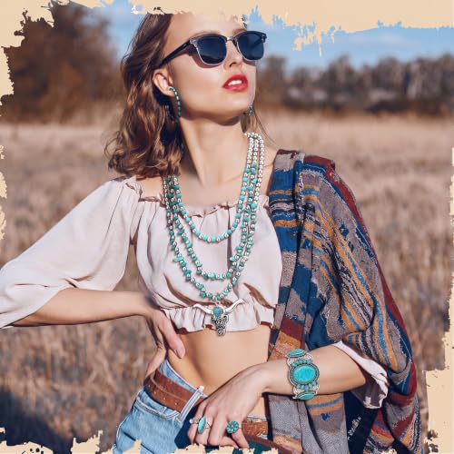 Ecally Bohemian Western Jewelry Turquoise Set Women Country Pendant Long Choker Layered Bracelets Earrings Ring for Women - color: Turquoise, style: Graceful