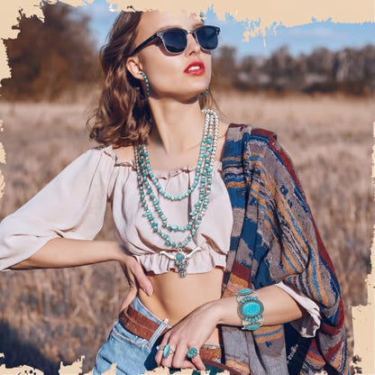 Ecally Bohemian Western Jewelry Turquoise Set Women Country Pendant Long Choker Layered Bracelets Earrings Ring for Women - color: Turquoise, style: Graceful