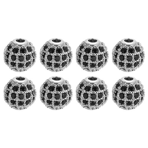 UXcell Round Charm Spacer Beads, 8 Pcs 8mm - Brass Rhinestone & Zircon Beads for DIY Bracelets & Earrings (Black - White Gold) - color: White Gold, size: 8mm