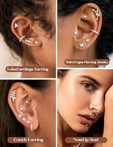 ZELORES Cartilage Earrings for Women Hypoallergenic Surgical Steel Flat Back Stud Earrings Set 18K Gold Plated Push in Nose Studs Screw on Lip Labret Helix Tragus Piercing Jewelry 16G 18G 20G