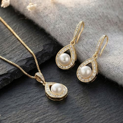 Mariell Pearl Necklace and Drop Earrings Wedding Jewelry Set for Brides, Bridesmaids, Birthday Gift - color: Gold