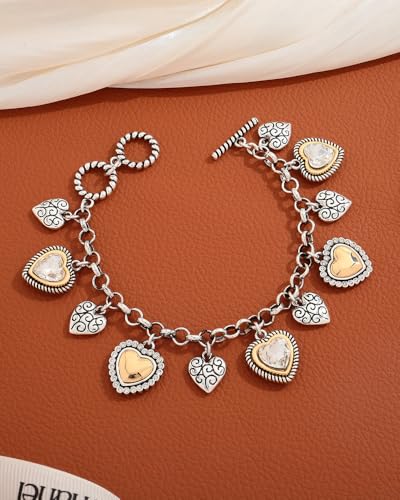 Two Tone Heart Charm Bracelet for Women, Adjustable Cute Bracelets with Heart/Clover Charms, Trendy Love Bracelet for Daily Wear Mixed Metal Jewelry Valentines Day Gift - style: Heart