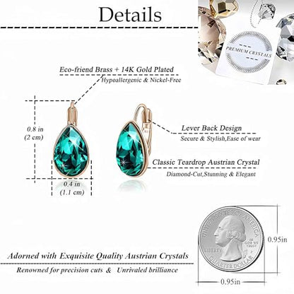Austrian Crystal Teardrop Leverback Drop Earrings for Women | 14K Gold-Plated Finish, Sparkling Pear Stone, Smooth Bezel Frame, Secure Leverback Closure, Dainty Day-To-Evening Style - color: Emerald