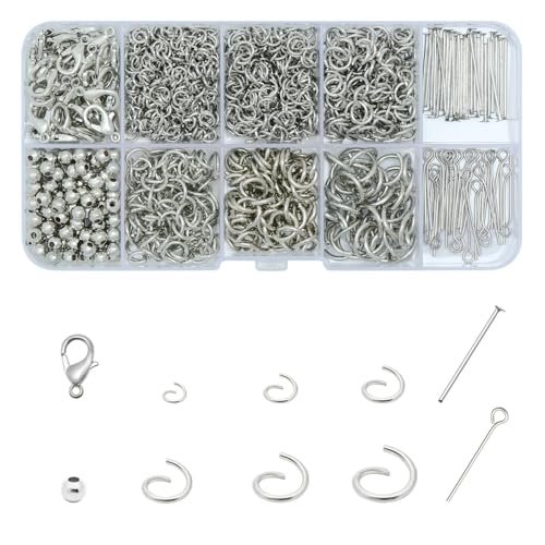 Jump Rings for Jewelry Making Kit, Open Jump Rings Jewelry Repair Kit for Necklace Bracelet, Lobster Clasps and Closures Repair Supplies Kit for Adult Crafters, (White Silver) - color: Silver