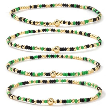 Seed Beaded Stack Bracelets Set for Women,Small Boho 4Pcs Colorful Handmade Dainty Trendy Gold Stretch Accessories Jewelry, Summer Daily Party Friendship Gift - color: Green