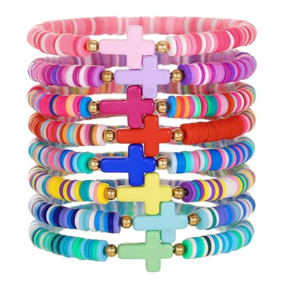 Heishi Surfer Clay Bead Bracelets Set for Women - Preppy Smile Evil Eye Beaded Stretch Bracelets Elastic Layering Friendship Bracelets- Stackable Boho Disc Summer Jewelry Set - color: COLORFUL CROSS