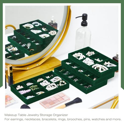 12 Pcs Jewelry Tray Velvet Stackable Jewelry Organizer Trays Divided Earring Accessories Storage Containers Box (Rose Red) - color: Green