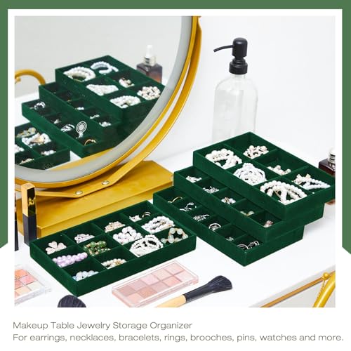 12 Pcs Jewelry Tray Velvet Stackable Jewelry Organizer Trays Divided Earring Accessories Storage Containers Box (Rose Red) - color: Green