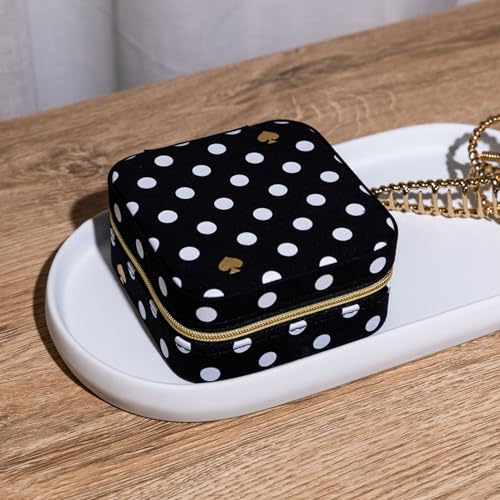kate spade new york Travel Jewelry Case, Polka Dot | Small Square Case, Black and White Dotted Jewelry Box Organizer for Rings, Necklaces, Earrings On-the-Go with Zipper Closure
