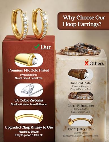 Tungary Small Gold Hoop Earrings for Women Huggie CZ Hoops Earring Stacks | Hypoallergenic Earing Hoops for Sensitive Ears, Earrings Stack Set for Cartilage, Secure Clasp, Silver/Black/14K Gold Plated - color: 14K Gold-Plain & CZ Huggies