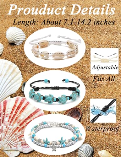 12Pcs Shell Turtle Ankle Bracelets Handmade Seashell Bead Starfish Cowrie Dolphin Adjustable Layered Anklets for Women Boho Hawaii Summer Beach Foot Jewelry - style: A: Turtle